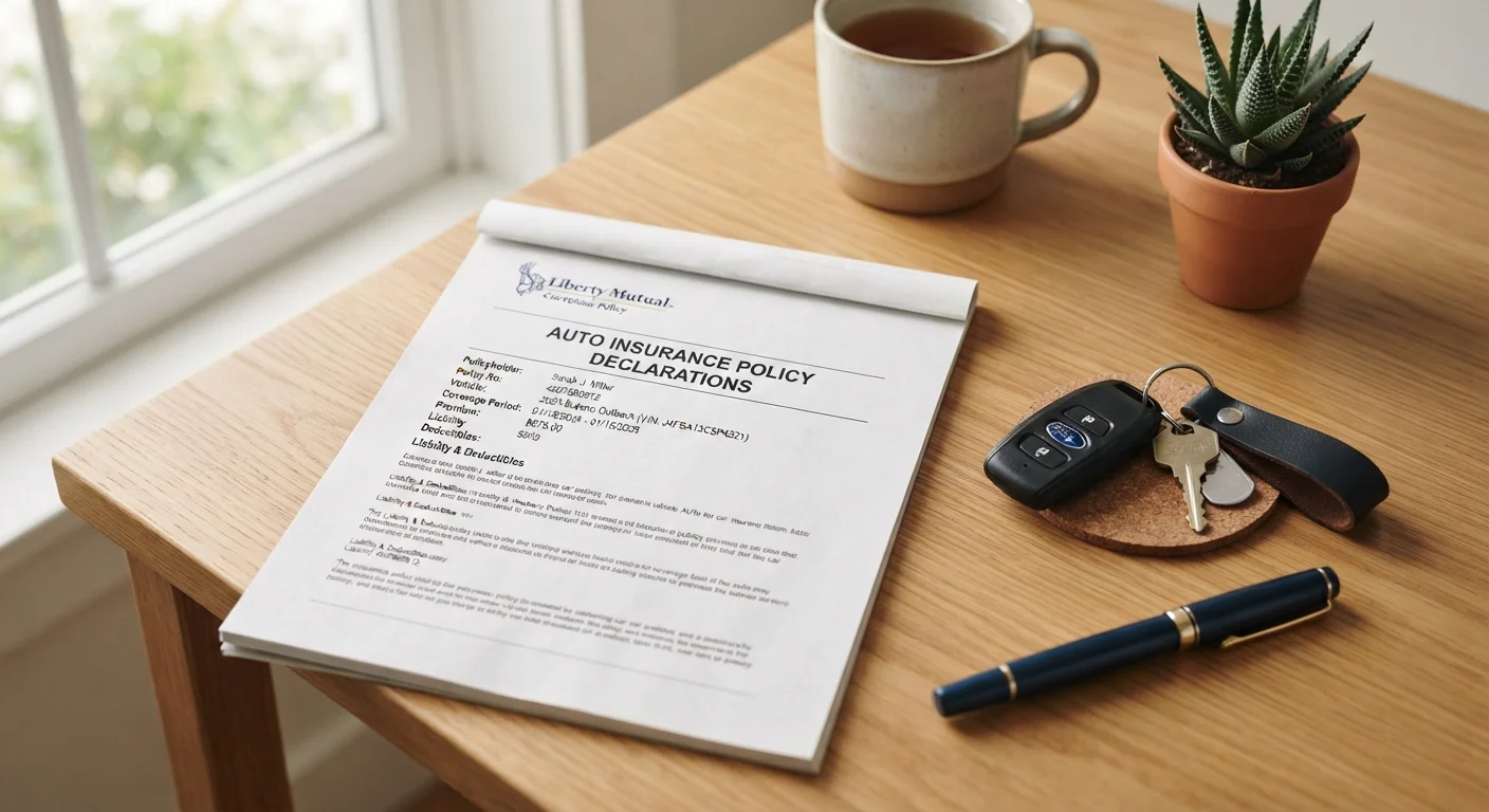 Auto insurance policy document on a desk next to car keys and a pen