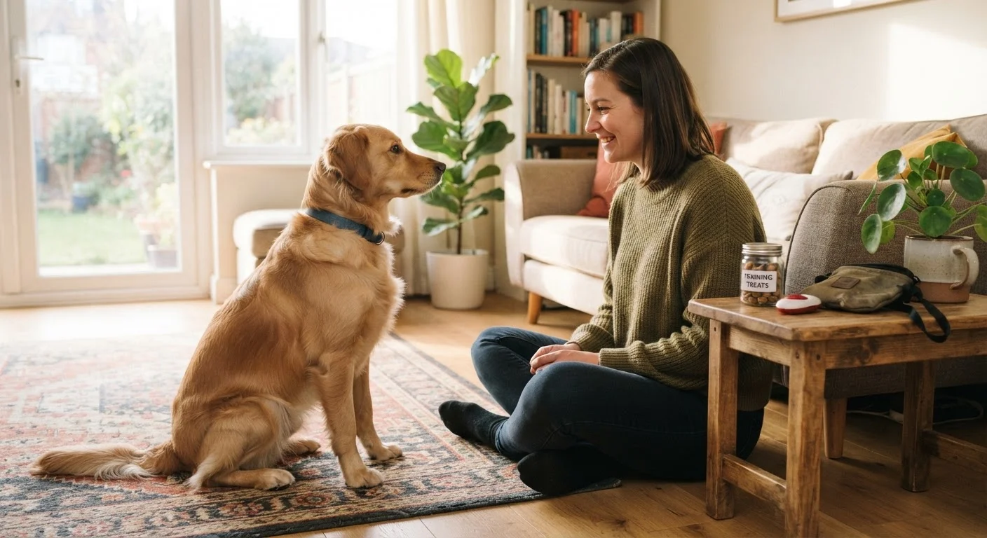 Dog sitting attentively during a training session with treats and clicker ready on a table.