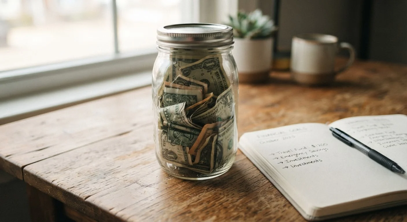 Glass jar filled with cash emergency fund savings sitting on a wooden desk with a notebook