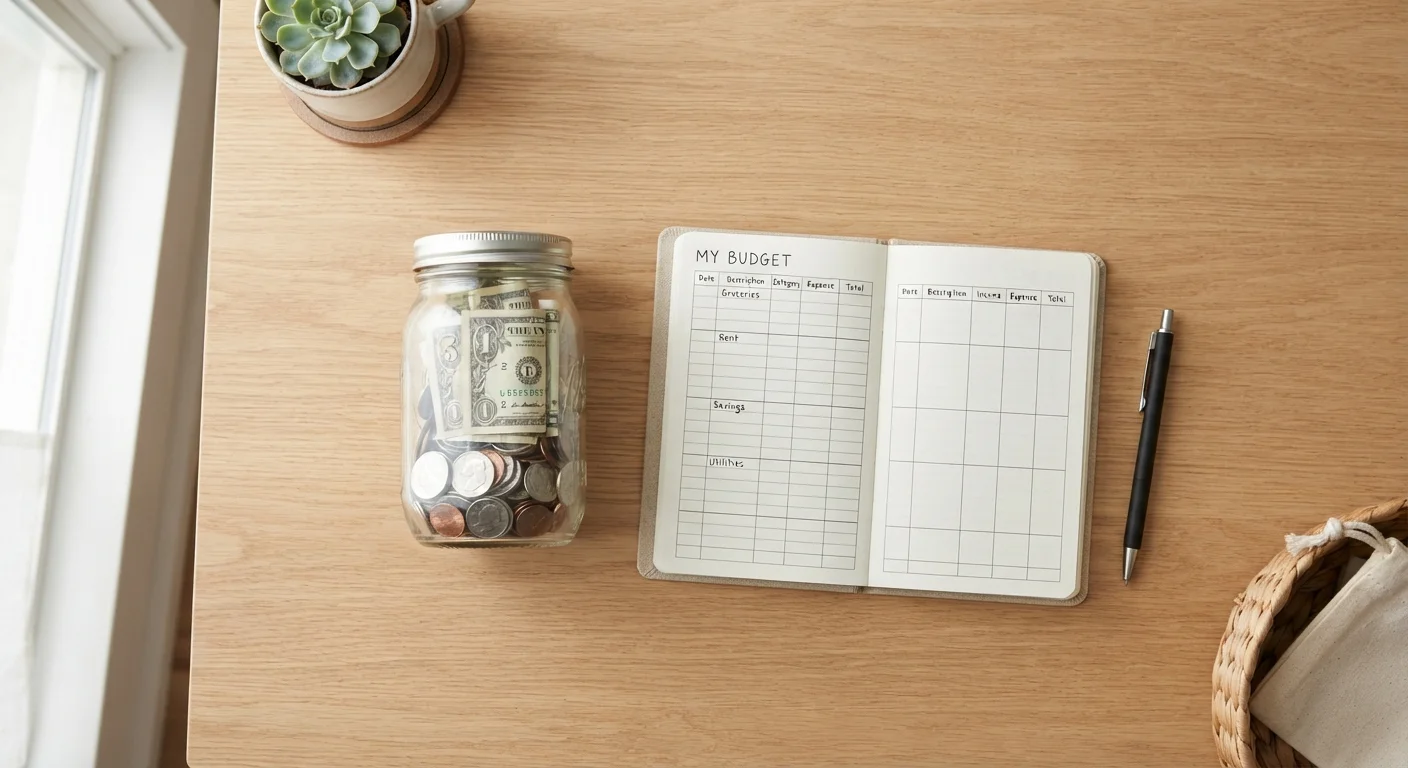 A glass jar with coins and cash next to an open notebook and pen on a desk