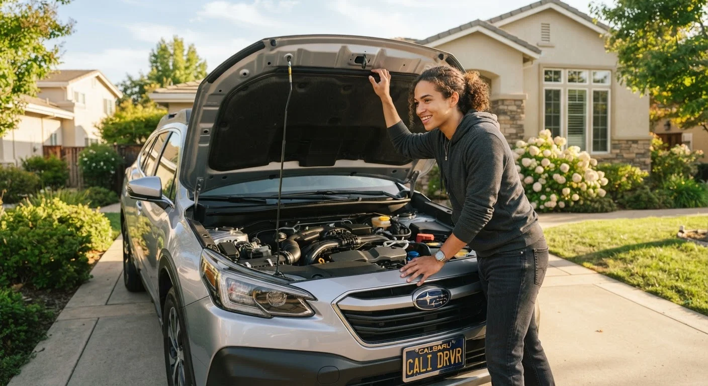 First-time car owner lifting the hood of their vehicle in a sunny driveway