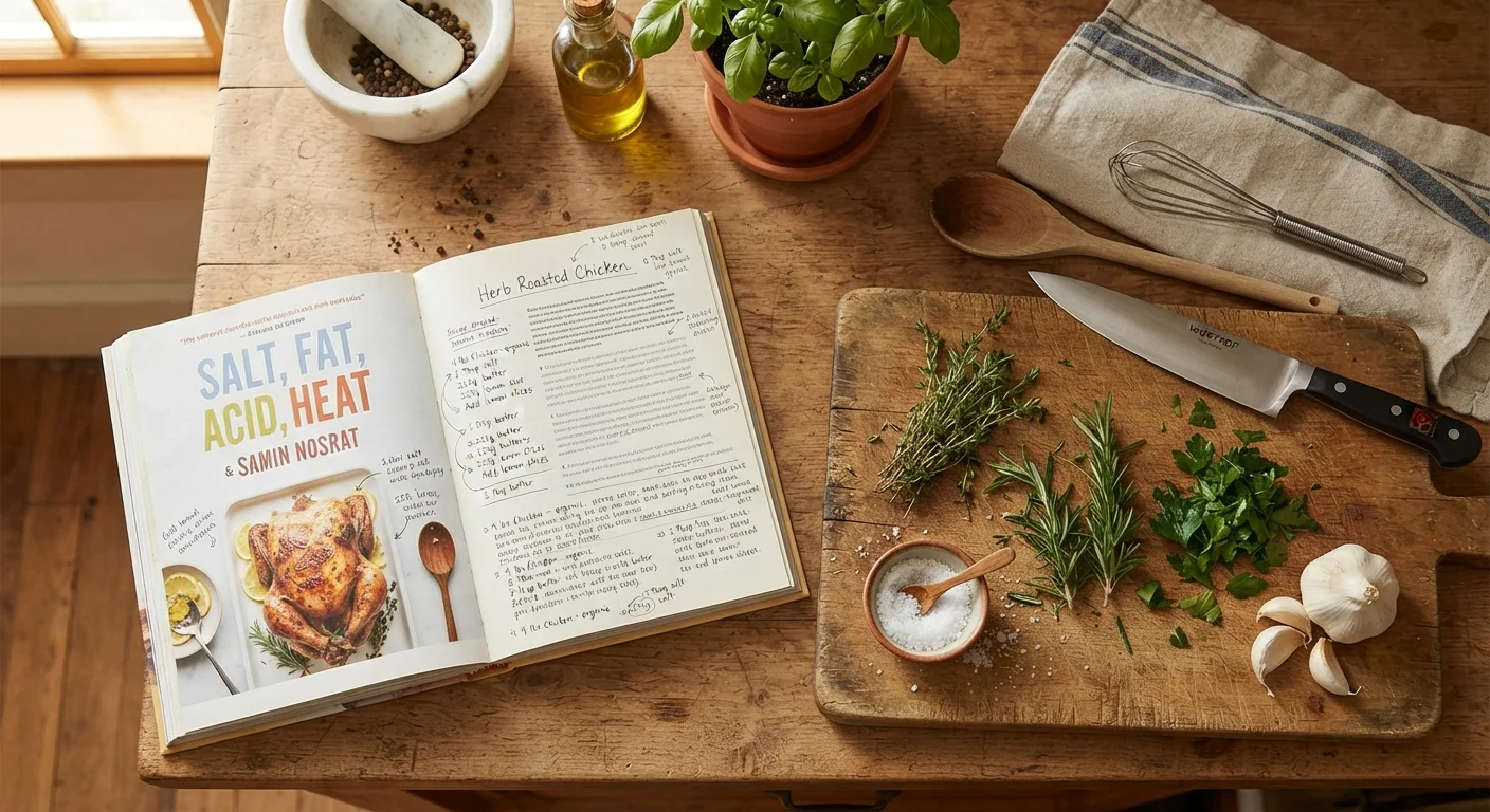 Open cookbook with kitchen tools, herbs, and handwritten notes on a wooden cutting board