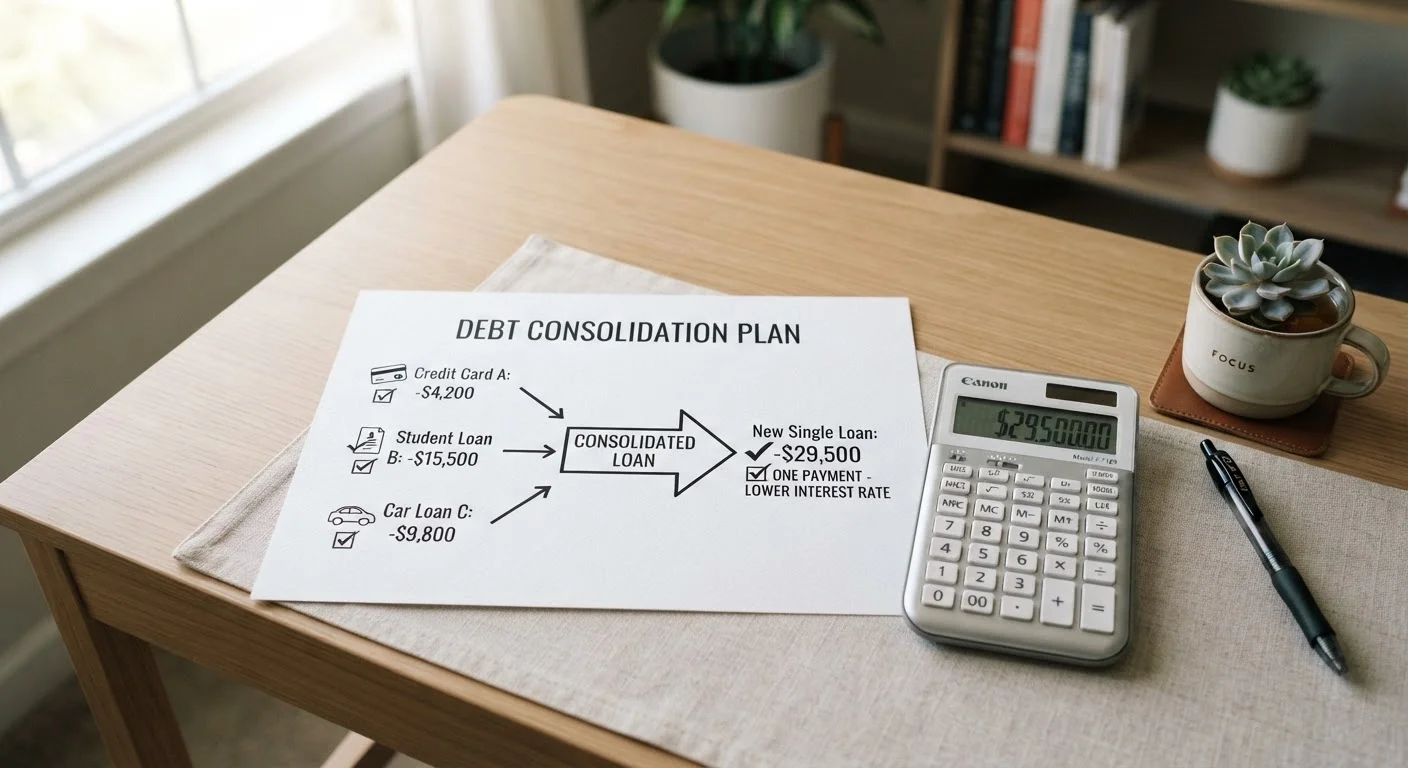 A desk with debt accounts consolidated into a single payment represented by an arrow on paper