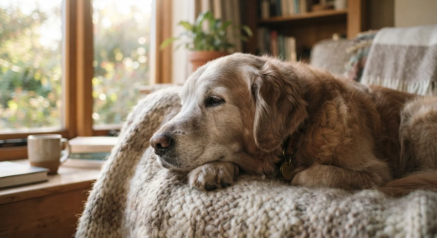 Senior dog resting peacefully on a blanket near a sunlit window at home