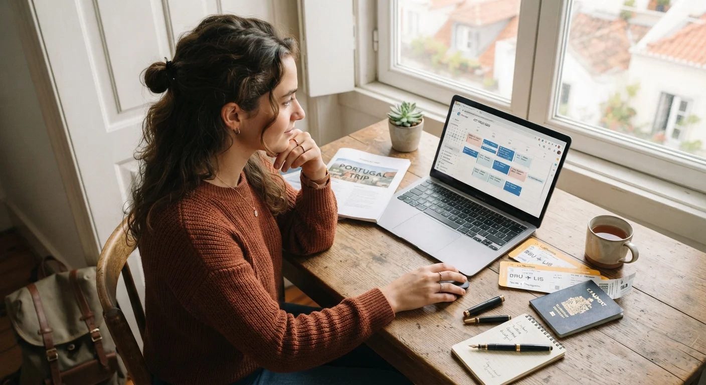 Traveler planning a trip with a laptop calendar and printed flight tickets on desk