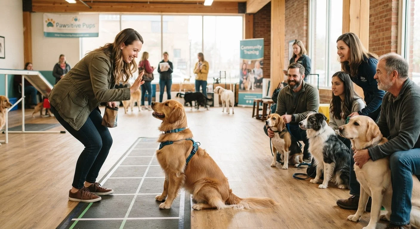 A pet owner working with their dog during a training session alongside other owners in a group class setting