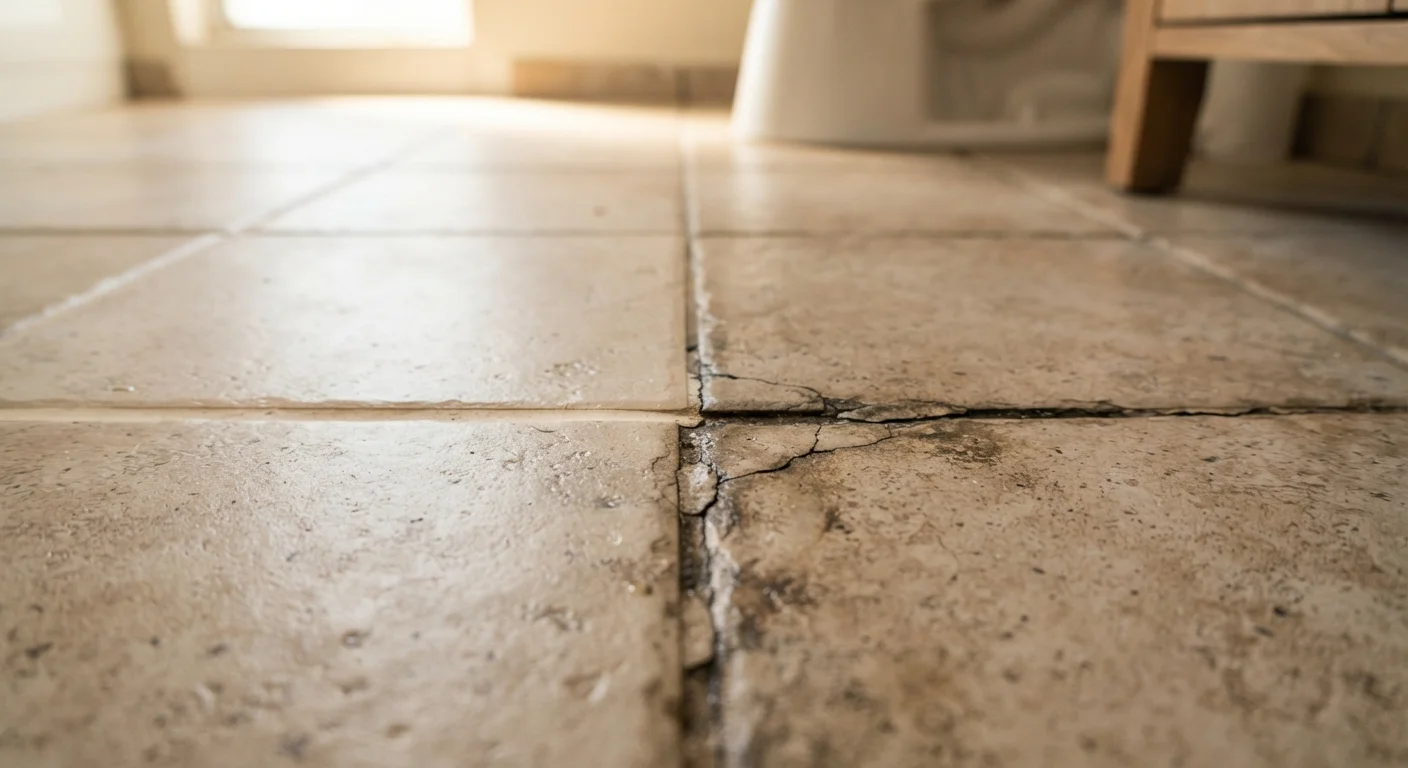 Bathroom tile floor showing contrast between clean sealed grout and stained cracked grout lines