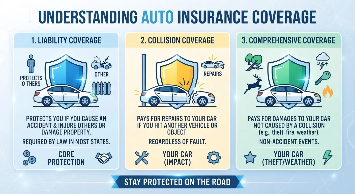 Three insurance shields representing liability, collision, and comprehensive auto coverage protecting a car