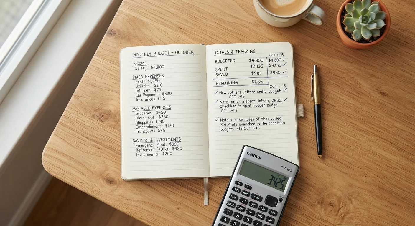 Open budget notebook with handwritten financial terms, calculator, and pen on a wooden desk