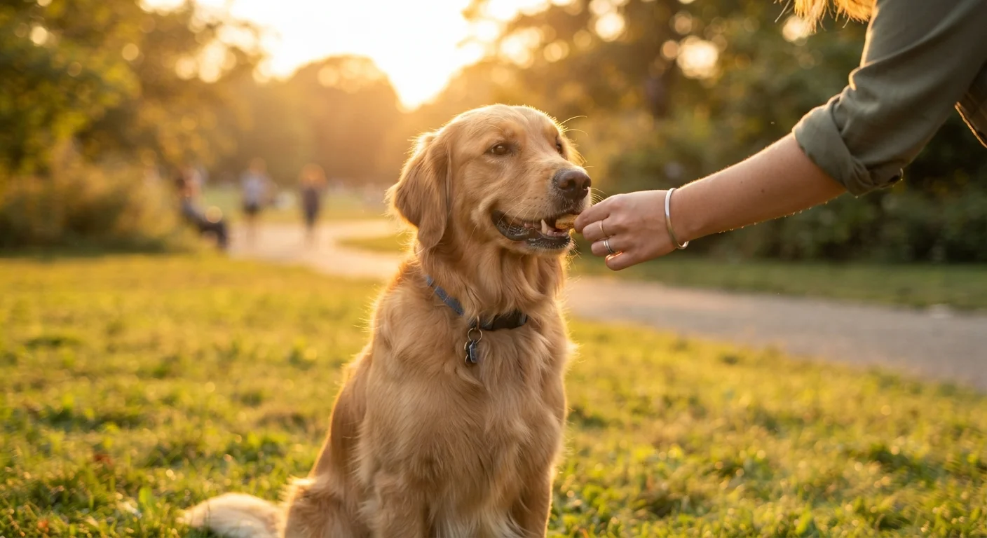 A dog sitting obediently and receiving a treat reward from its owner outdoors
