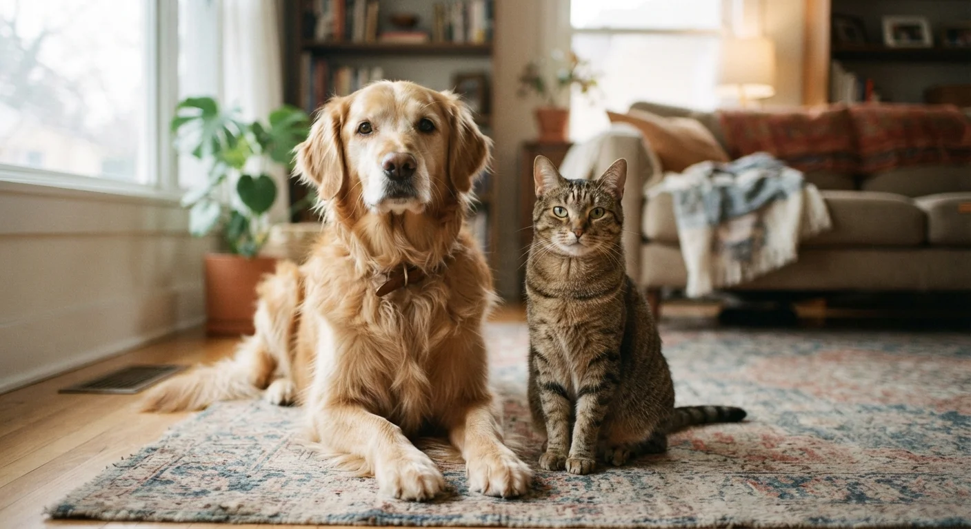 A relaxed dog and cat sitting together indoors, displaying calm, open body language