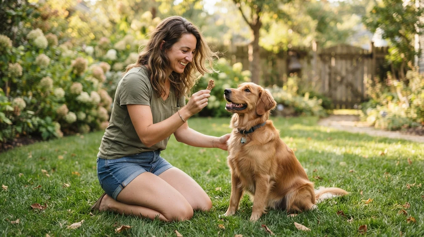 Person kneeling on grass beside a dog during a calm, positive training session outdoors