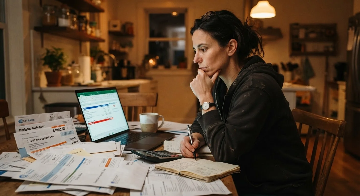 Person reviewing bills and financial documents at a kitchen table with a laptop