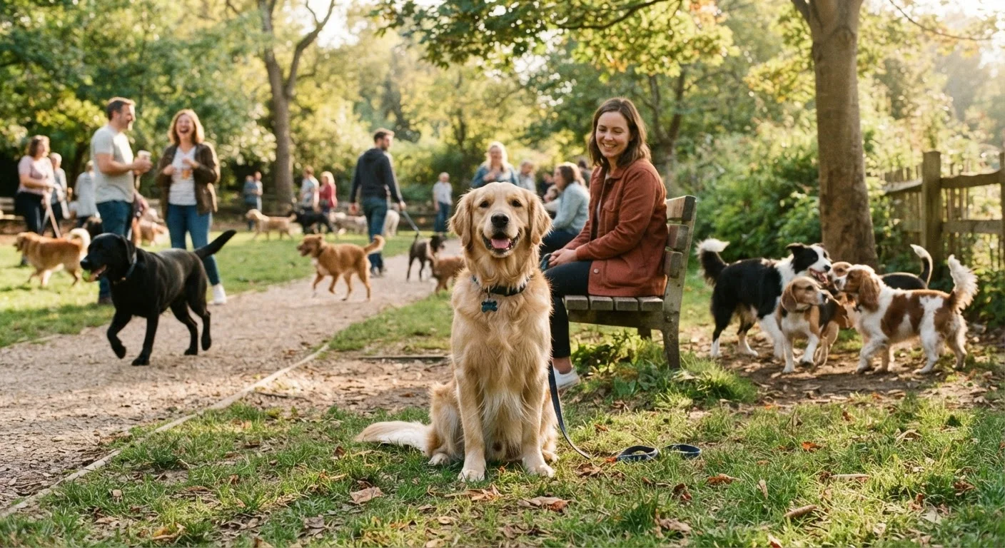 A well-socialized dog sitting calmly in a busy park among people and other dogs