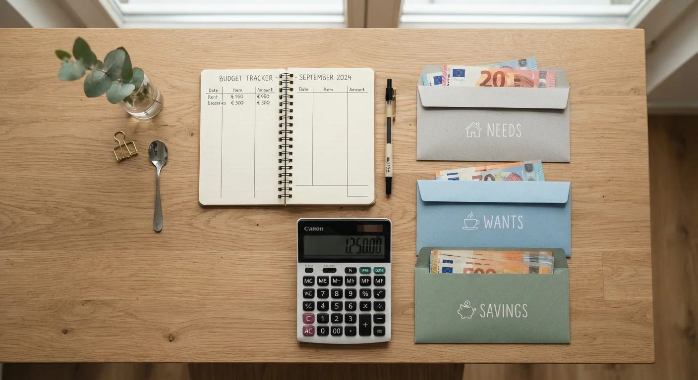 Notebook, calculator, and three labeled envelopes representing the 50/30/20 budget categories on a desk