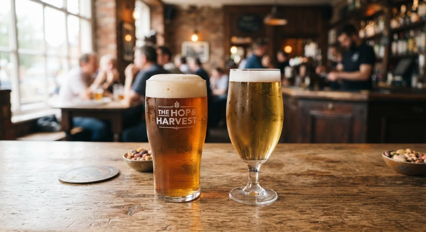 Two beer glasses side by side, one ale and one lager, on a wooden bar surface