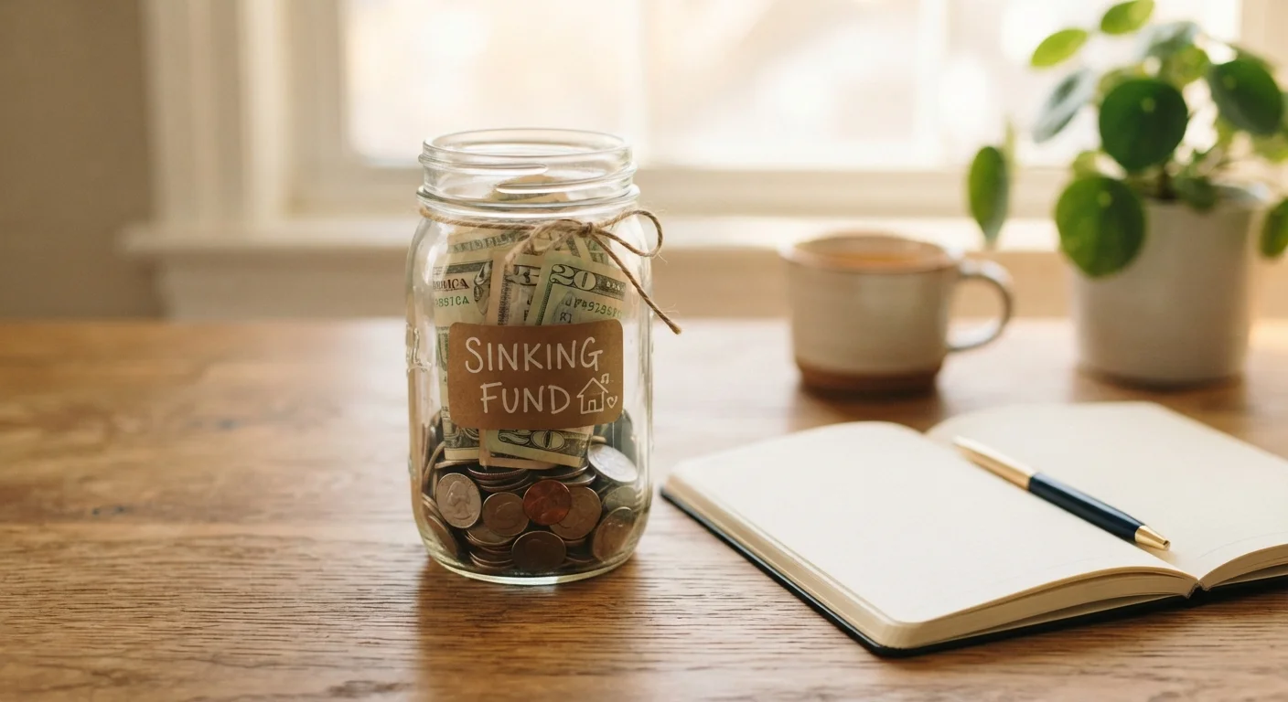 A glass savings jar labeled sinking fund filled with coins and cash on a wooden desk