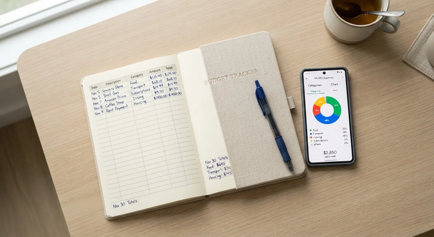 A handwritten budget notebook placed next to a smartphone showing a spending tracking app.