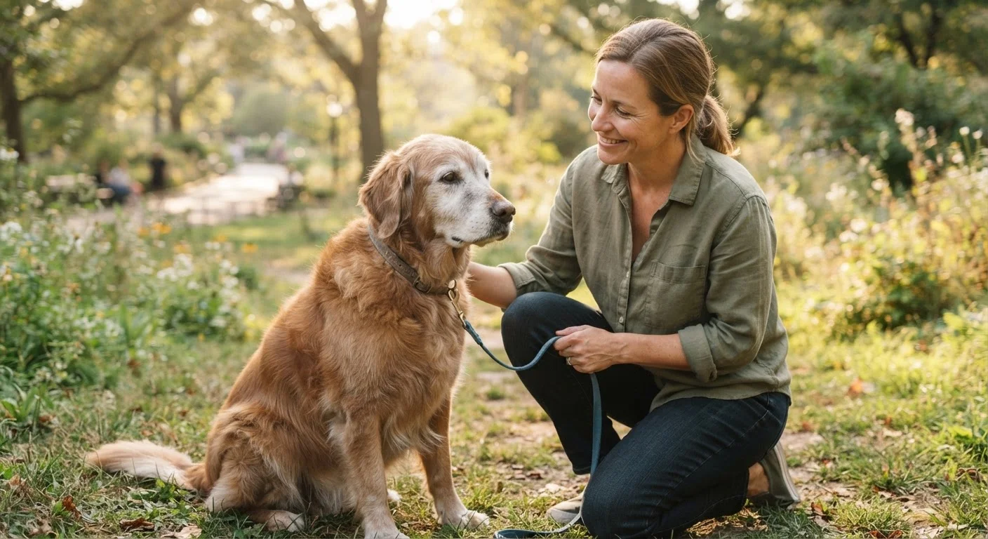 An older dog with a gray muzzle sitting attentively next to its owner during a training session outdoors