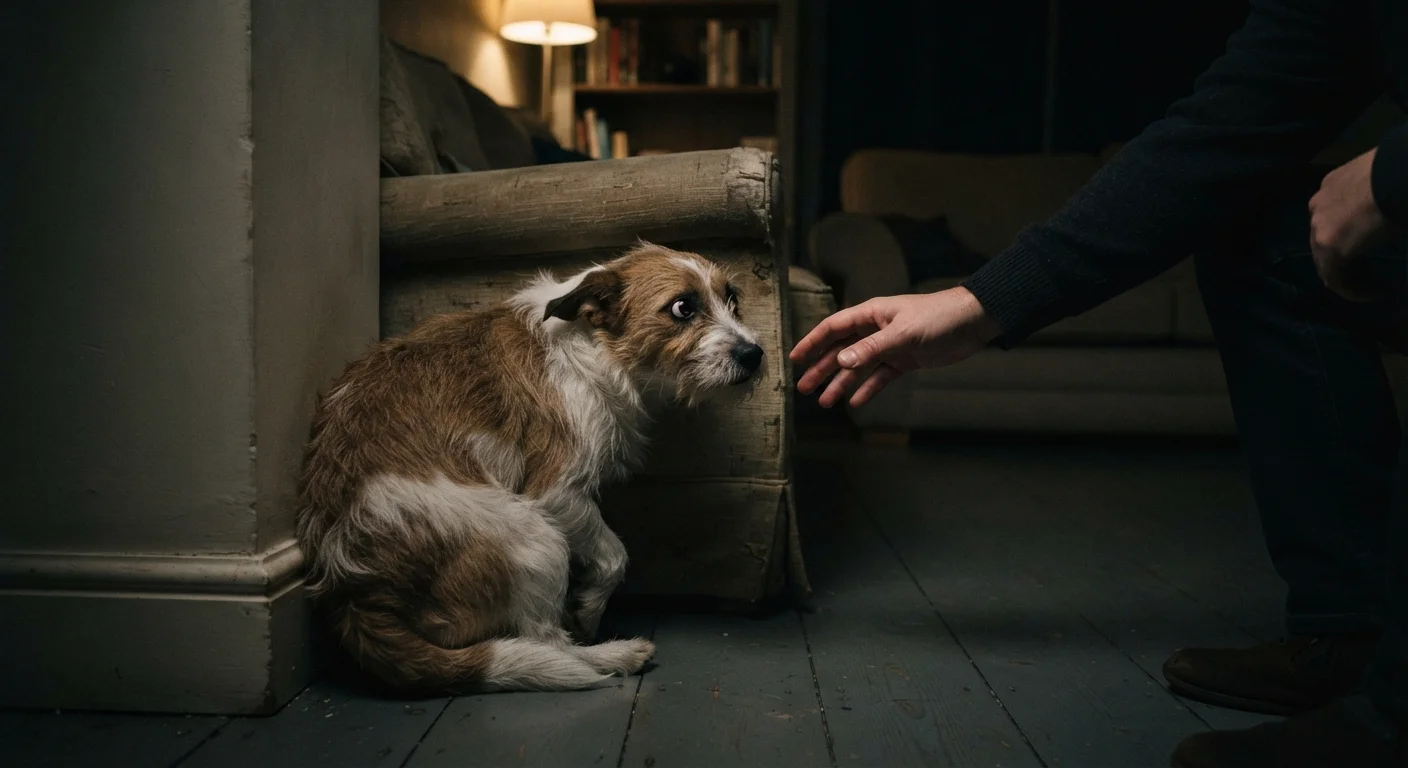 A dog looking anxious and withdrawn, leaning away from a person's outstretched hand indoors