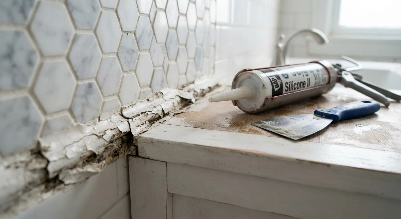 Cracked white caulk along a bathroom tile seam with repair tools nearby