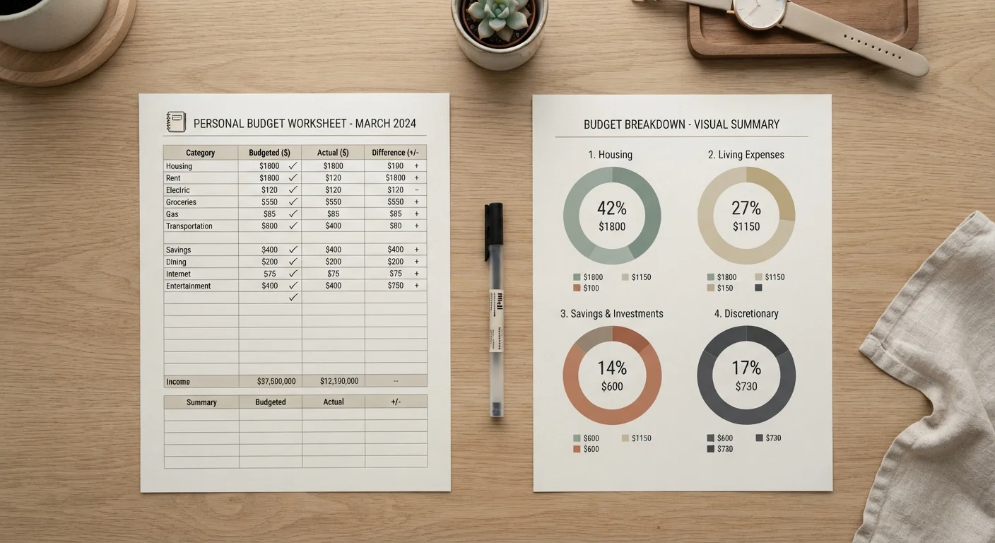 Two different budget planning worksheets placed side by side on a tidy desk surface